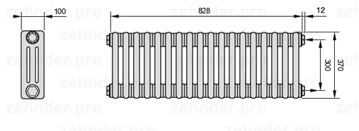 Схема (чертеж) Радиатор Zehnder Charleston 3037/18 №7610 Белый глянцевый RAL 9016